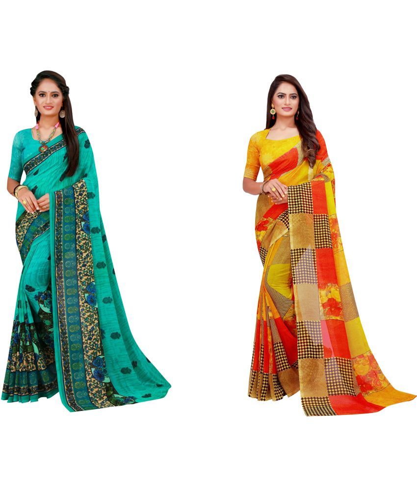     			Saadhvi Cotton Silk Printed Saree With Blouse Piece - Multicolor ( Pack of 2 )