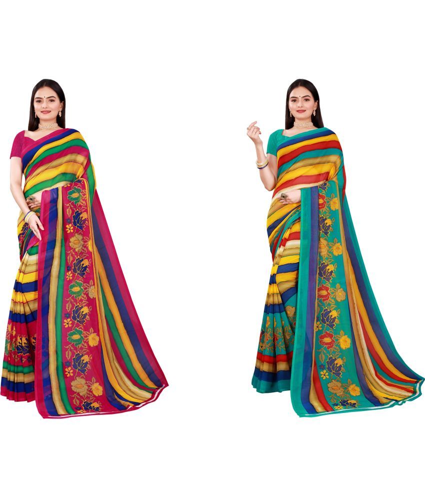     			Saadhvi Cotton Silk Printed Saree With Blouse Piece - Multicolor ( Pack of 2 )