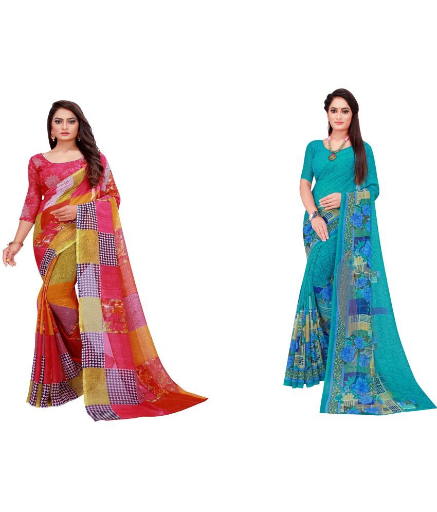     			Saadhvi Cotton Silk Printed Saree With Blouse Piece - Multicolor ( Pack of 2 )