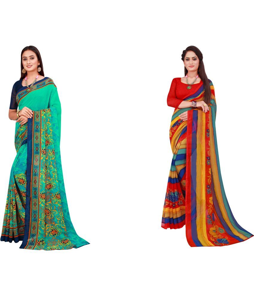     			Saadhvi Cotton Silk Printed Saree With Blouse Piece - Multicolor ( Pack of 2 )