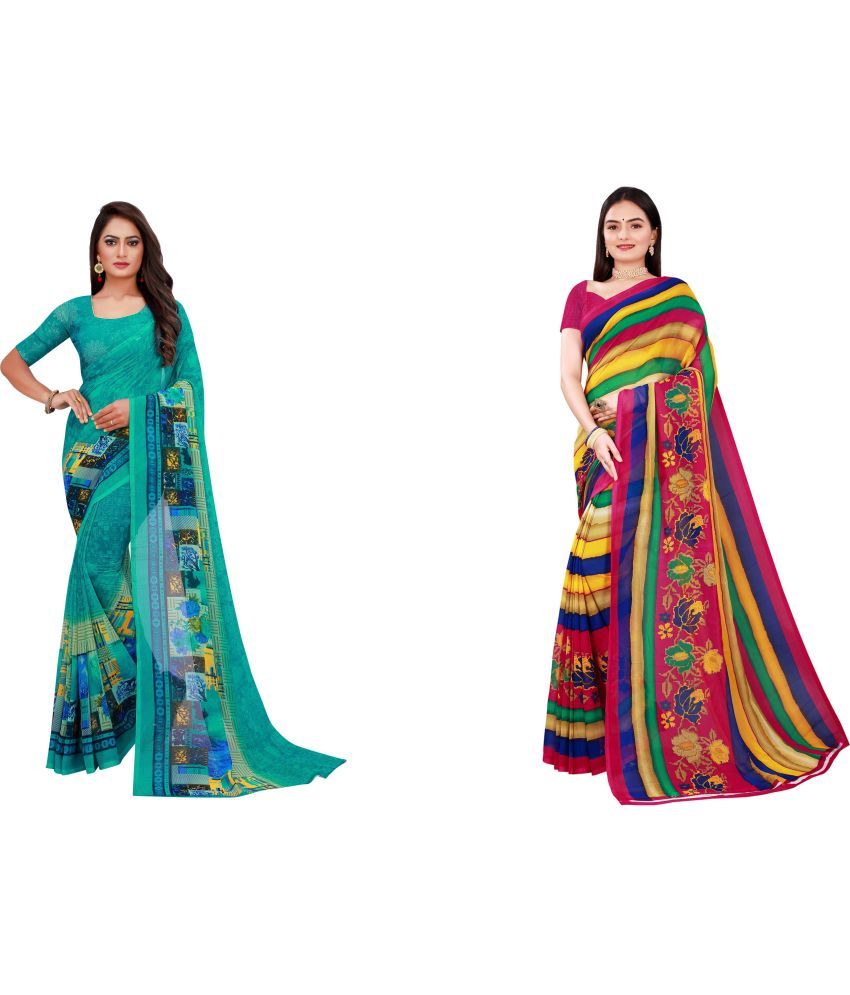     			Saadhvi Cotton Silk Printed Saree With Blouse Piece - Multicolor ( Pack of 2 )