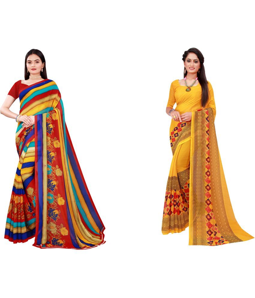     			Saadhvi Cotton Silk Printed Saree With Blouse Piece - Multicolor ( Pack of 2 )