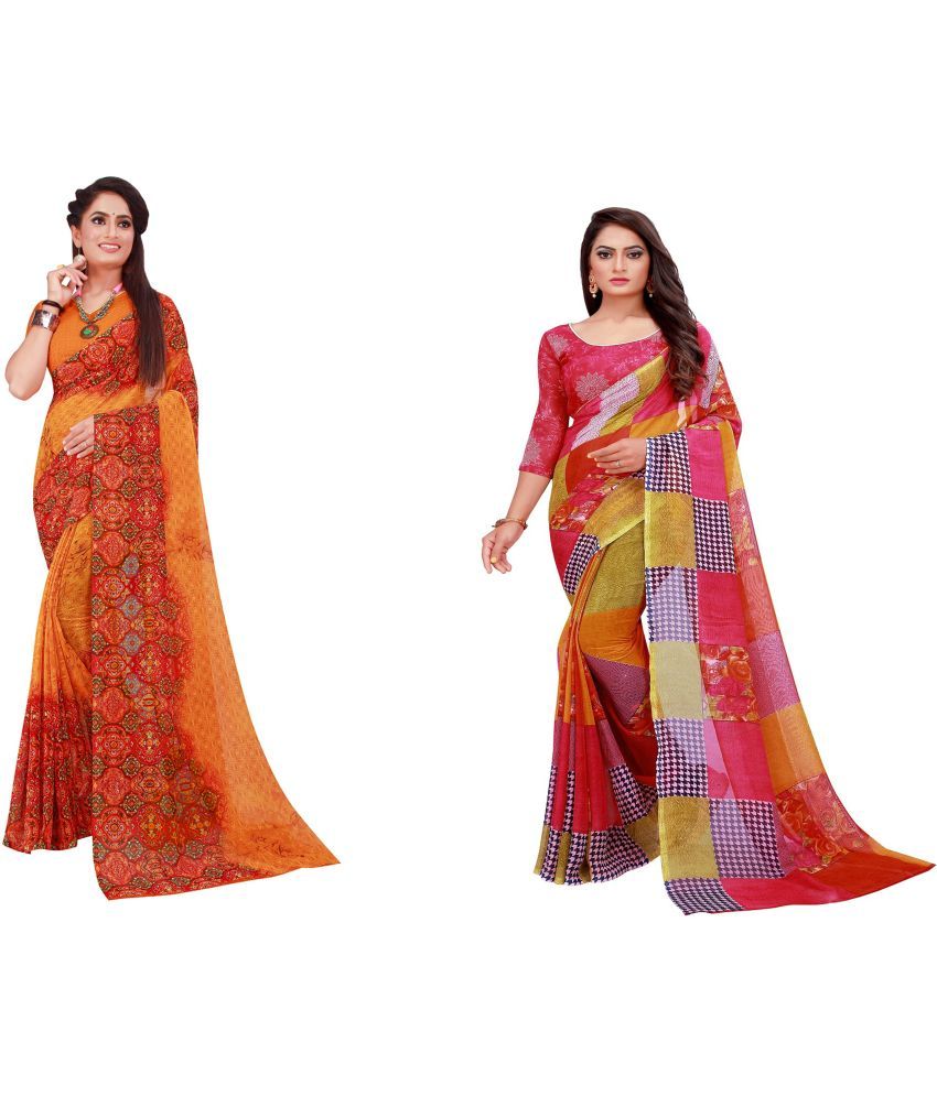     			Saadhvi Cotton Silk Printed Saree With Blouse Piece - Multicolor ( Pack of 2 )