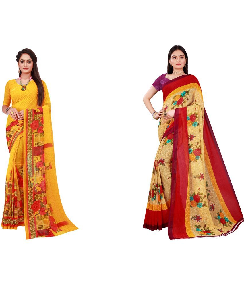     			Saadhvi Cotton Silk Printed Saree With Blouse Piece - Multicolor ( Pack of 2 )