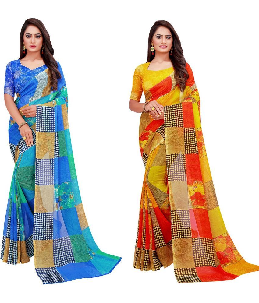     			Saadhvi Cotton Silk Printed Saree With Blouse Piece - Multicolor ( Pack of 2 )