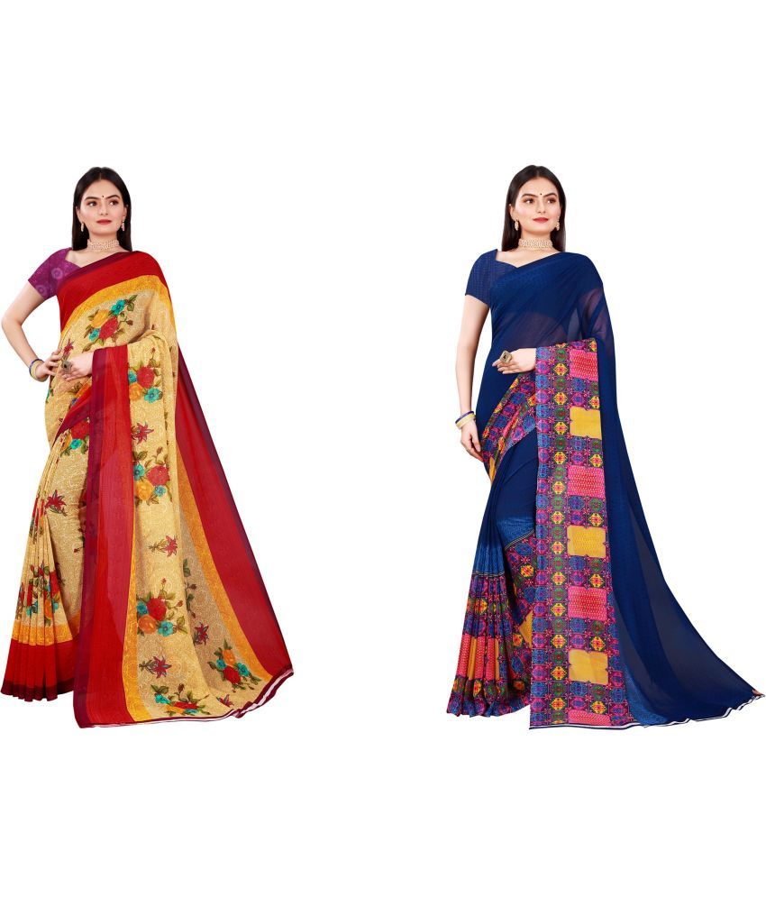     			Saadhvi Cotton Silk Printed Saree With Blouse Piece - Multicolor ( Pack of 2 )