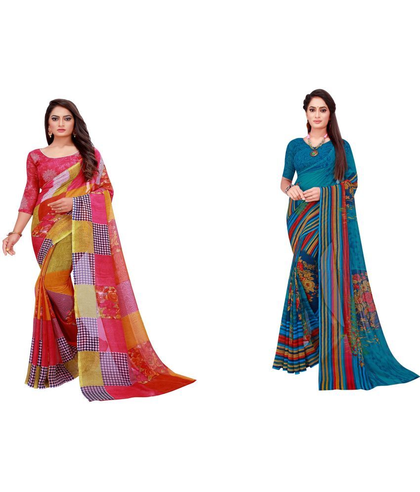     			Saadhvi Cotton Silk Printed Saree With Blouse Piece - Multicolor ( Pack of 2 )