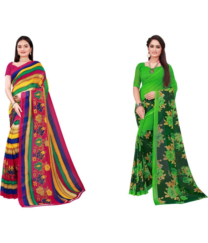     			Saadhvi Cotton Silk Printed Saree With Blouse Piece - Multicolor ( Pack of 2 )