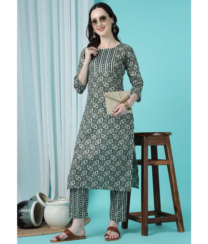     			TRAHIMAM Cotton Blend Printed Kurti With Pants Women's Stitched Salwar Suit - Green ( Pack of 1 )