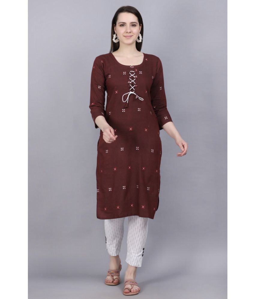     			TRAHIMAM Cotton Blend Printed Kurti With Pants Women's Stitched Salwar Suit - Brown ( Pack of 1 )