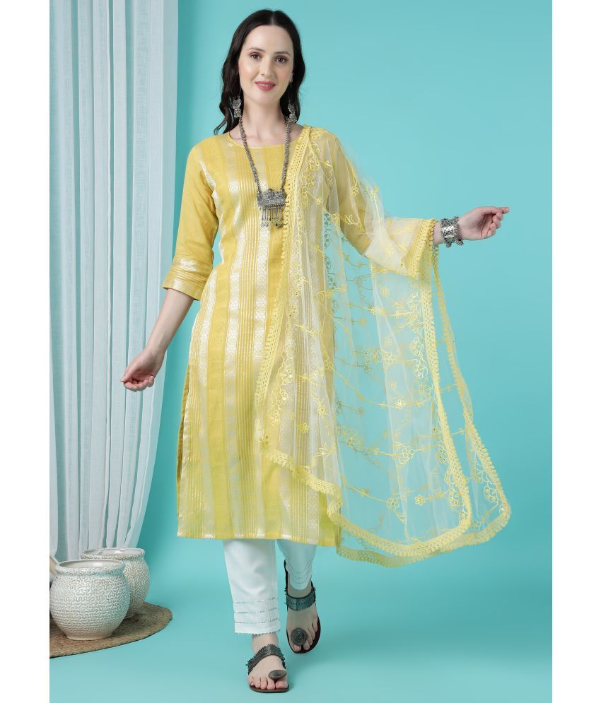     			TRAHIMAM Cotton Striped Kurti With Pants Women's Stitched Salwar Suit - Yellow ( Pack of 1 )