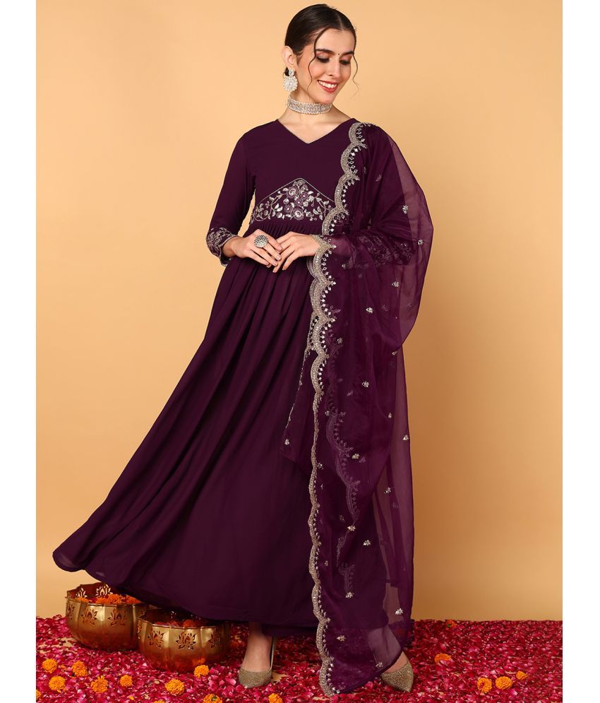     			Vaamsi Georgette Embroidered Anarkali Women's Kurti with Dupatta - Purple ( Pack of 1 )