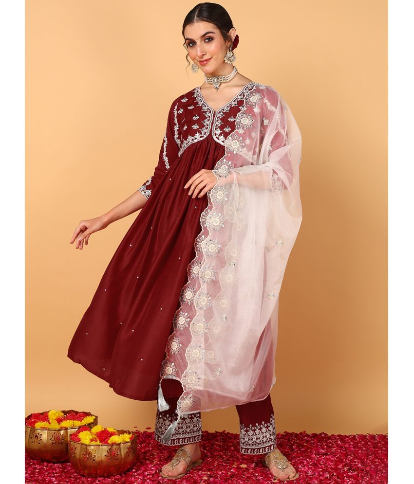     			Vaamsi Silk Blend Embroidered Kurti With Pants Women's Stitched Salwar Suit - Maroon ( Pack of 1 )