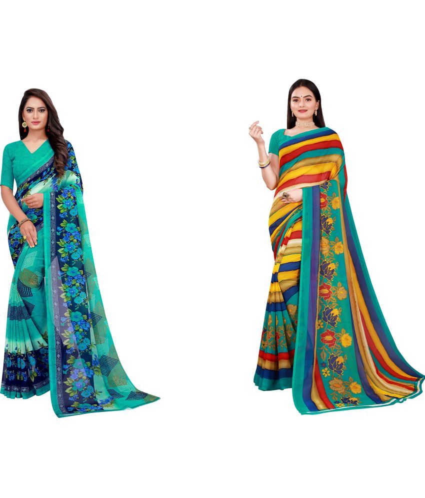     			Vkaran Cotton Silk Printed Saree With Blouse Piece - Multicolor ( Pack of 2 )