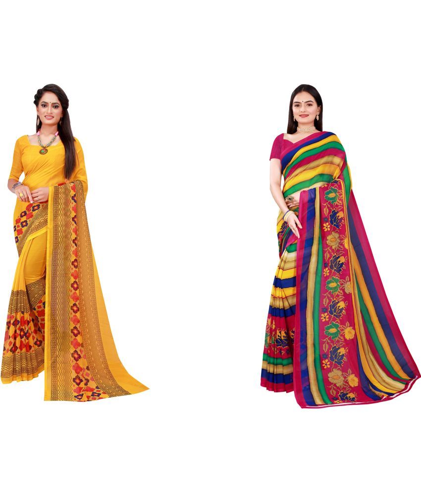     			Vkaran Cotton Silk Printed Saree With Blouse Piece - Multicolor ( Pack of 2 )