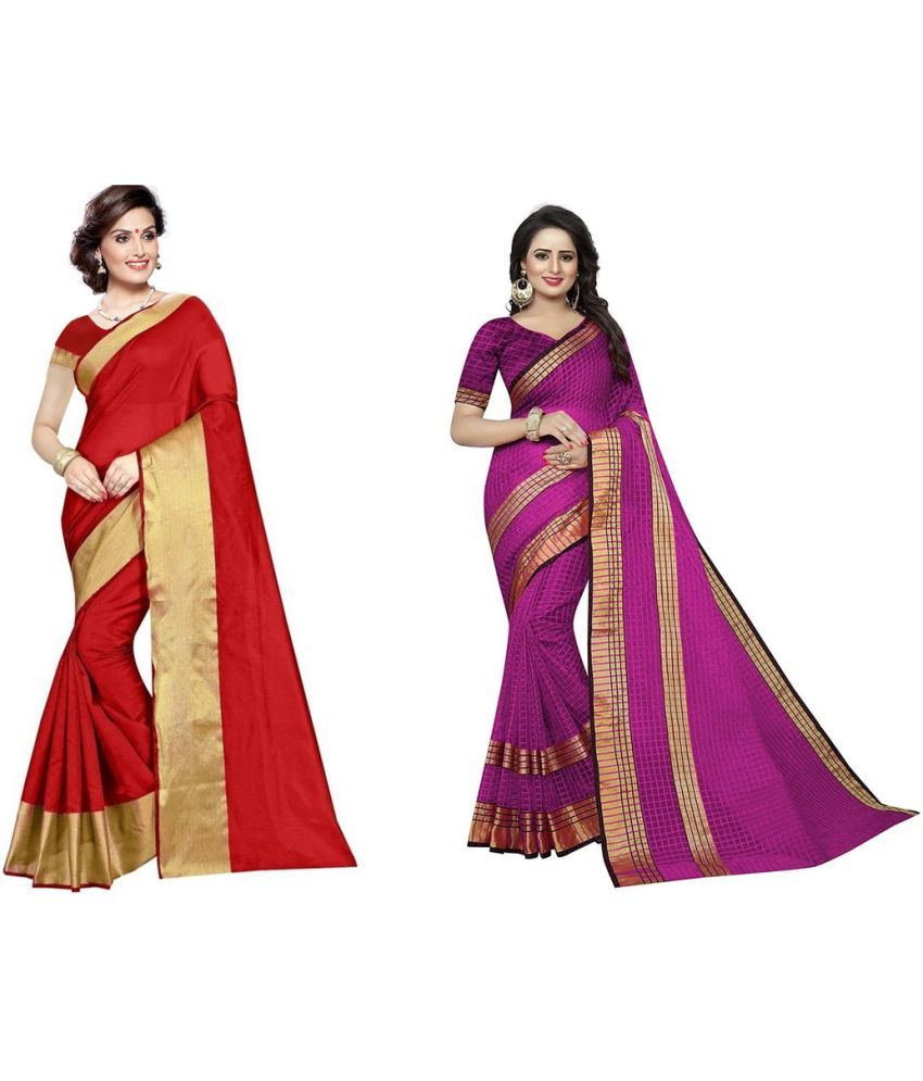     			Vkaran Cotton Silk Printed Saree With Blouse Piece - Multicolor ( Pack of 2 )