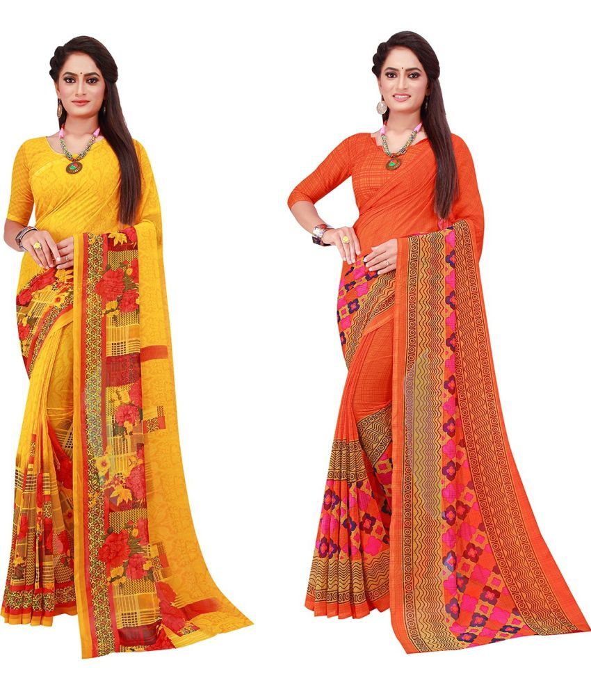     			Vkaran Cotton Silk Printed Saree With Blouse Piece - Multicolor ( Pack of 2 )