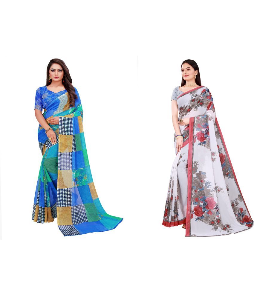     			Vkaran Cotton Silk Printed Saree With Blouse Piece - Multicolor ( Pack of 2 )