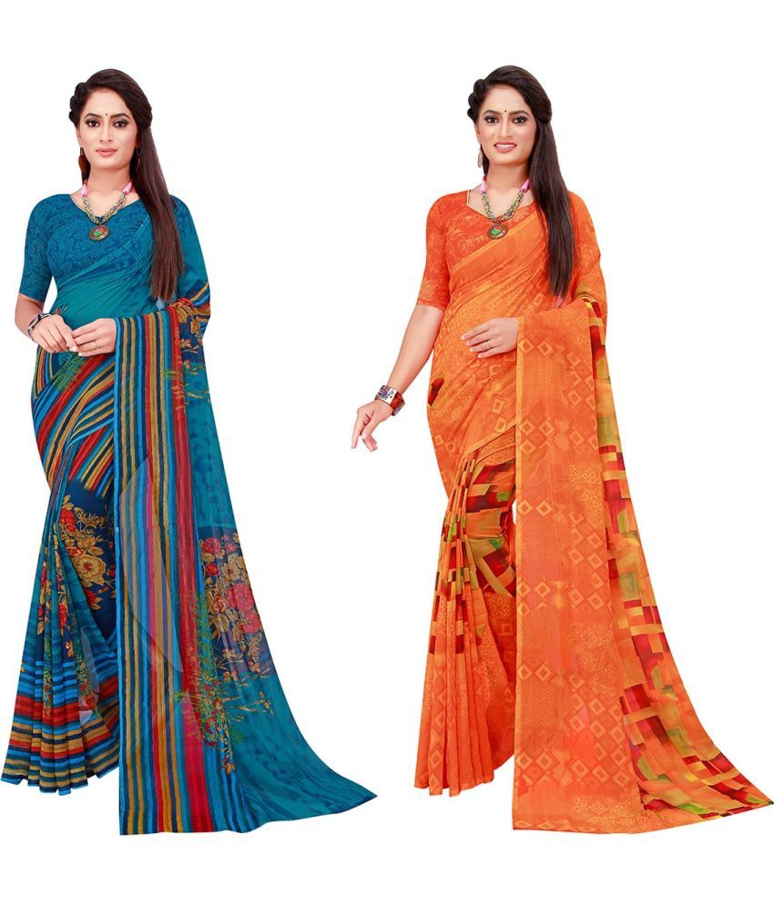     			Vkaran Cotton Silk Printed Saree With Blouse Piece - Multicolor ( Pack of 2 )