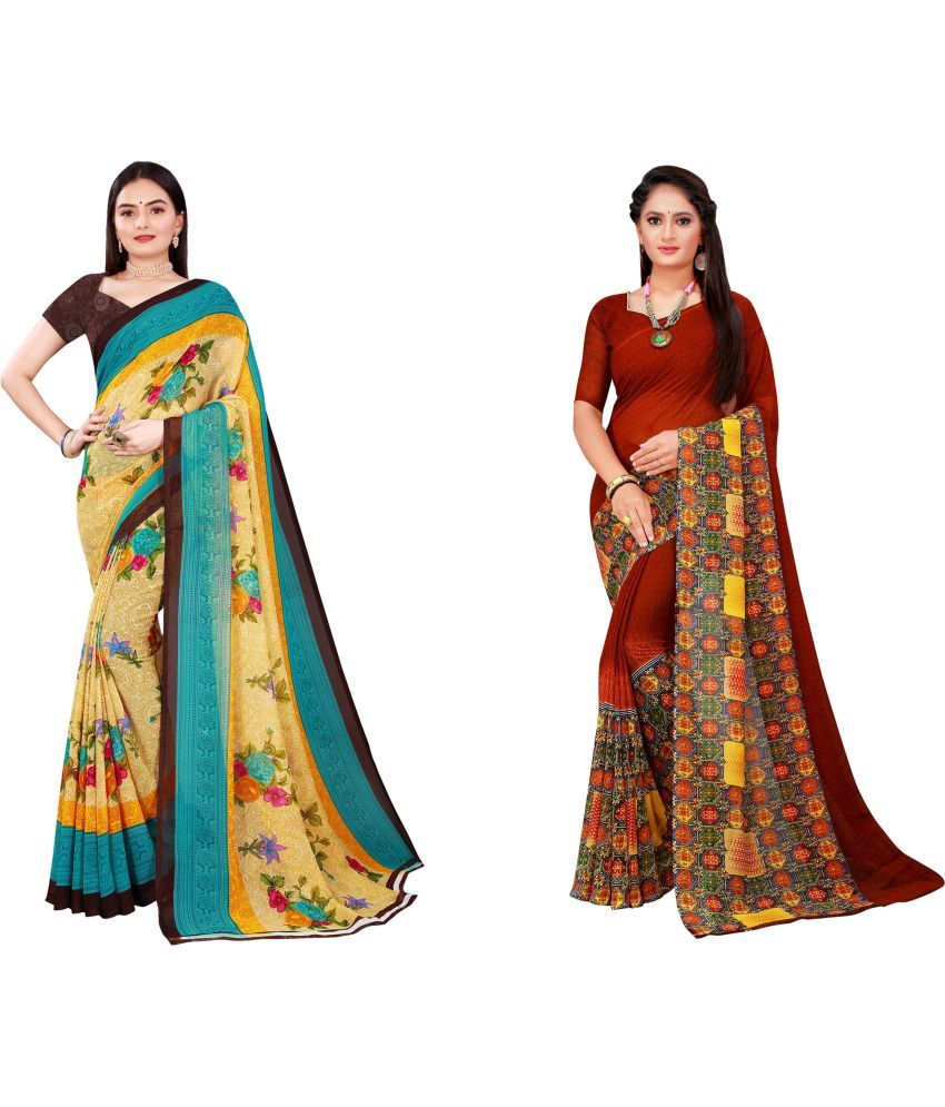     			Vkaran Cotton Silk Printed Saree With Blouse Piece - Multicolor ( Pack of 2 )