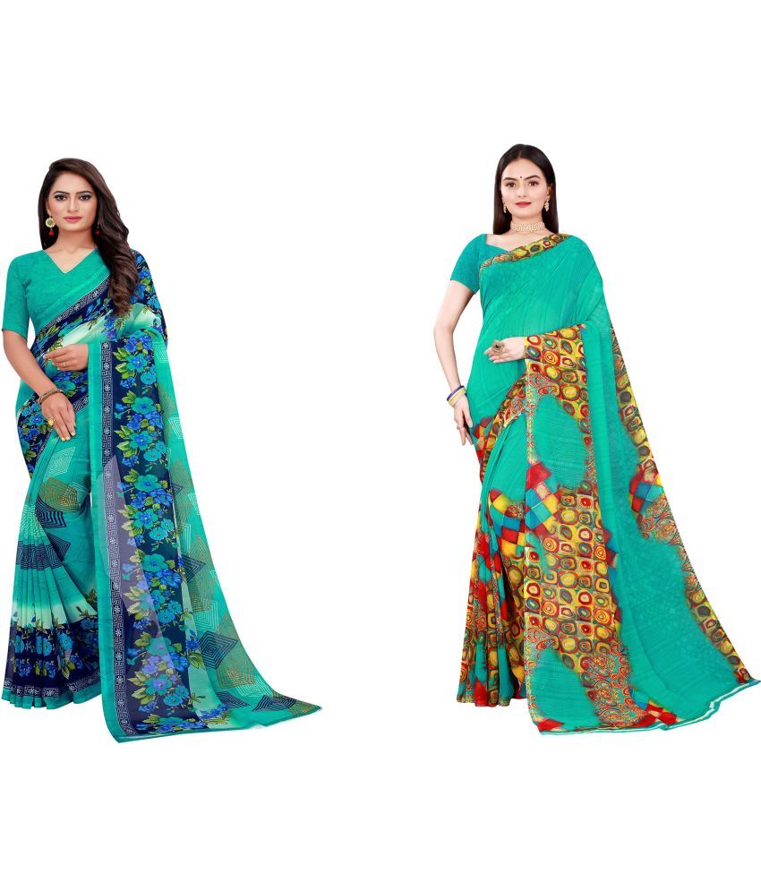     			Vkaran Cotton Silk Printed Saree With Blouse Piece - Multicolor ( Pack of 2 )