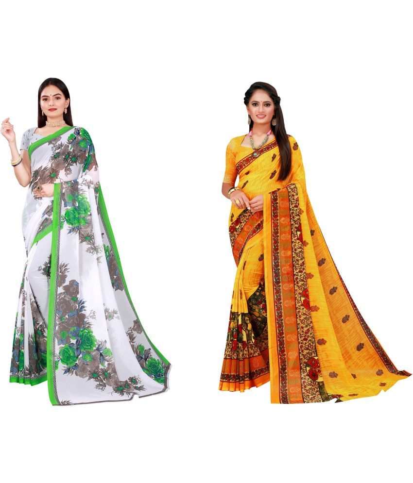     			Vkaran Cotton Silk Printed Saree With Blouse Piece - Multicolor ( Pack of 2 )