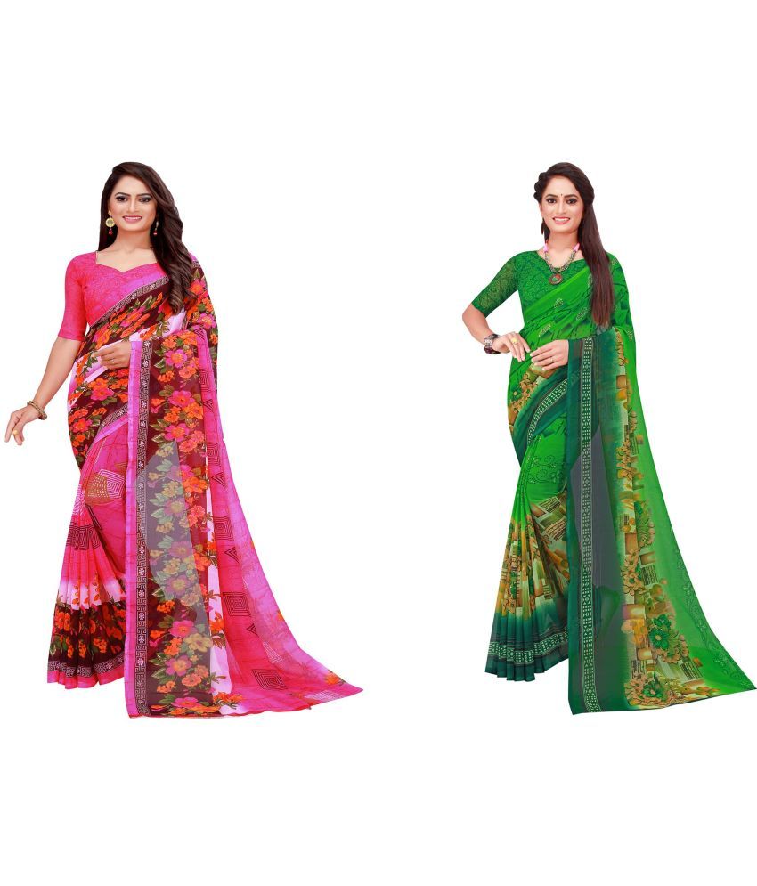     			Vkaran Cotton Silk Printed Saree With Blouse Piece - Multicolor ( Pack of 2 )