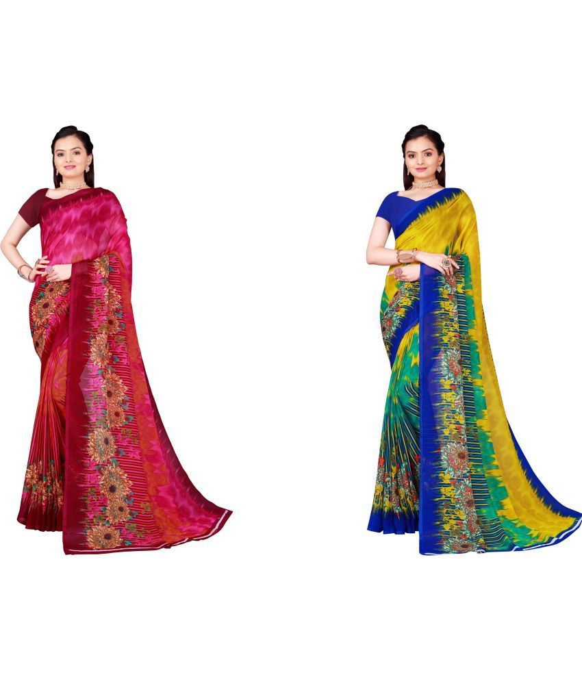     			Vkaran Cotton Silk Printed Saree With Blouse Piece - Multicolor ( Pack of 2 )