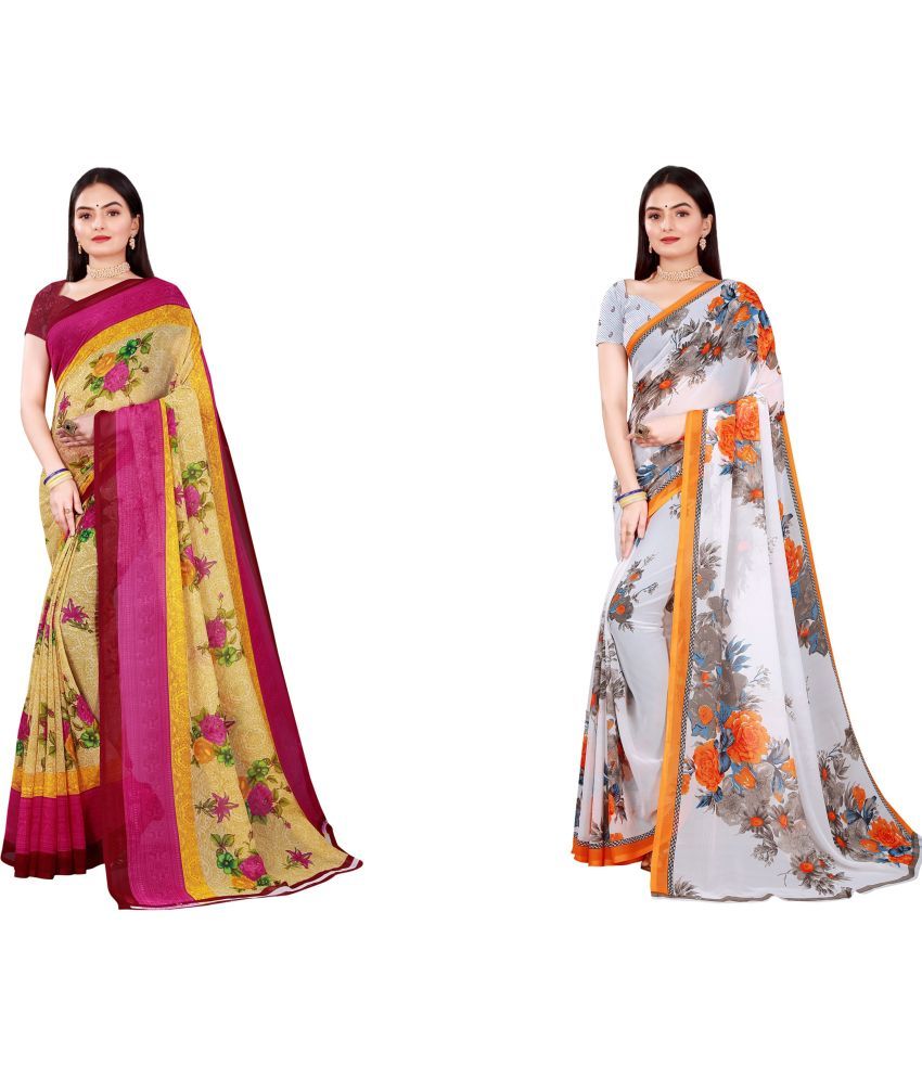     			Vkaran Cotton Silk Printed Saree With Blouse Piece - Multicolor ( Pack of 2 )