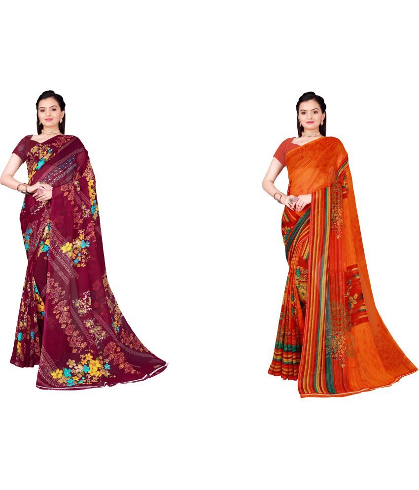     			Vkaran Cotton Silk Printed Saree With Blouse Piece - Multicolor ( Pack of 2 )