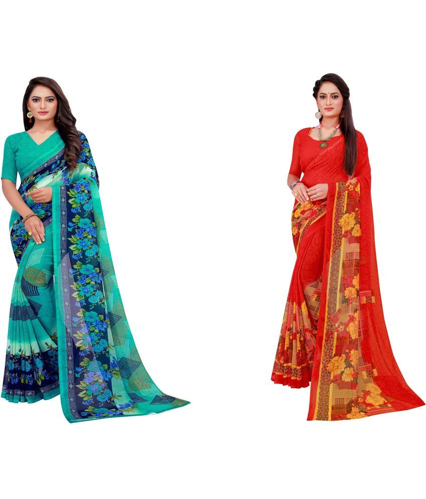     			Vkaran Cotton Silk Printed Saree With Blouse Piece - Multicolor ( Pack of 2 )