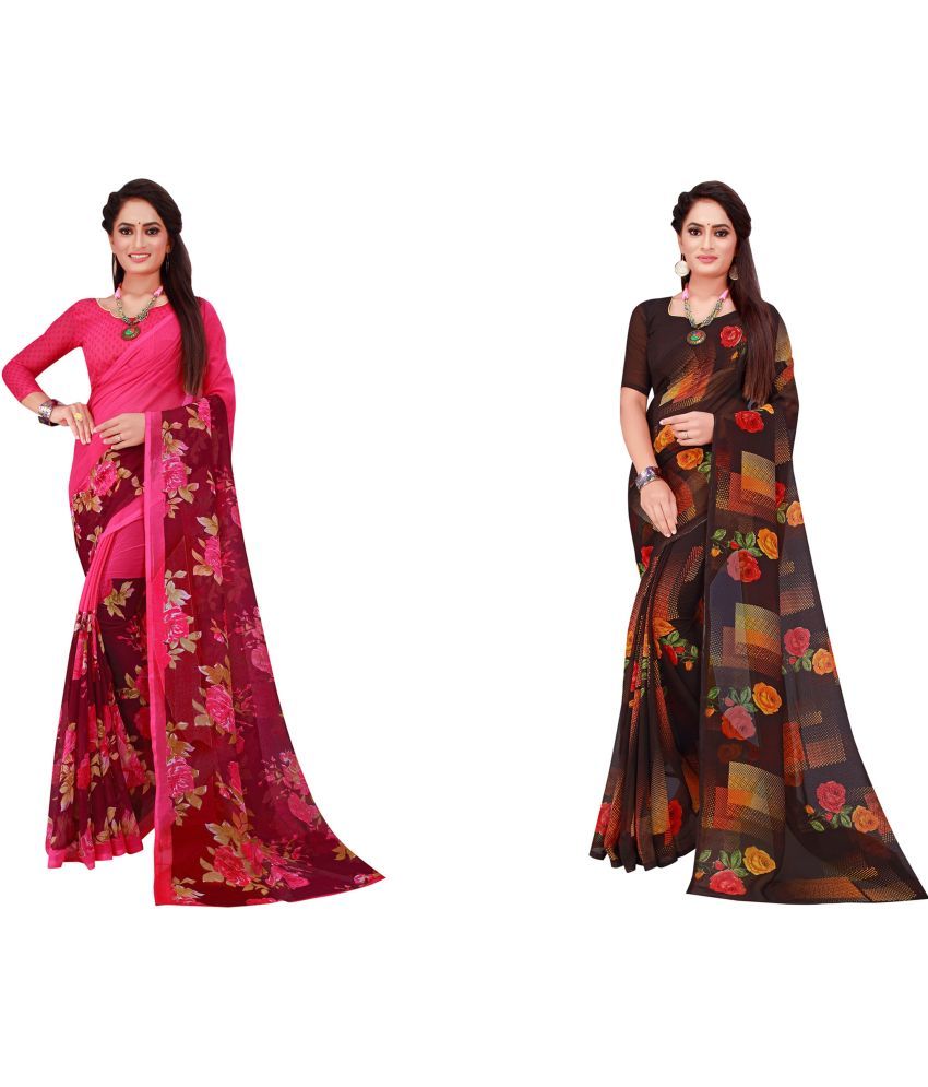     			Vkaran Cotton Silk Printed Saree With Blouse Piece - Multicolor ( Pack of 2 )