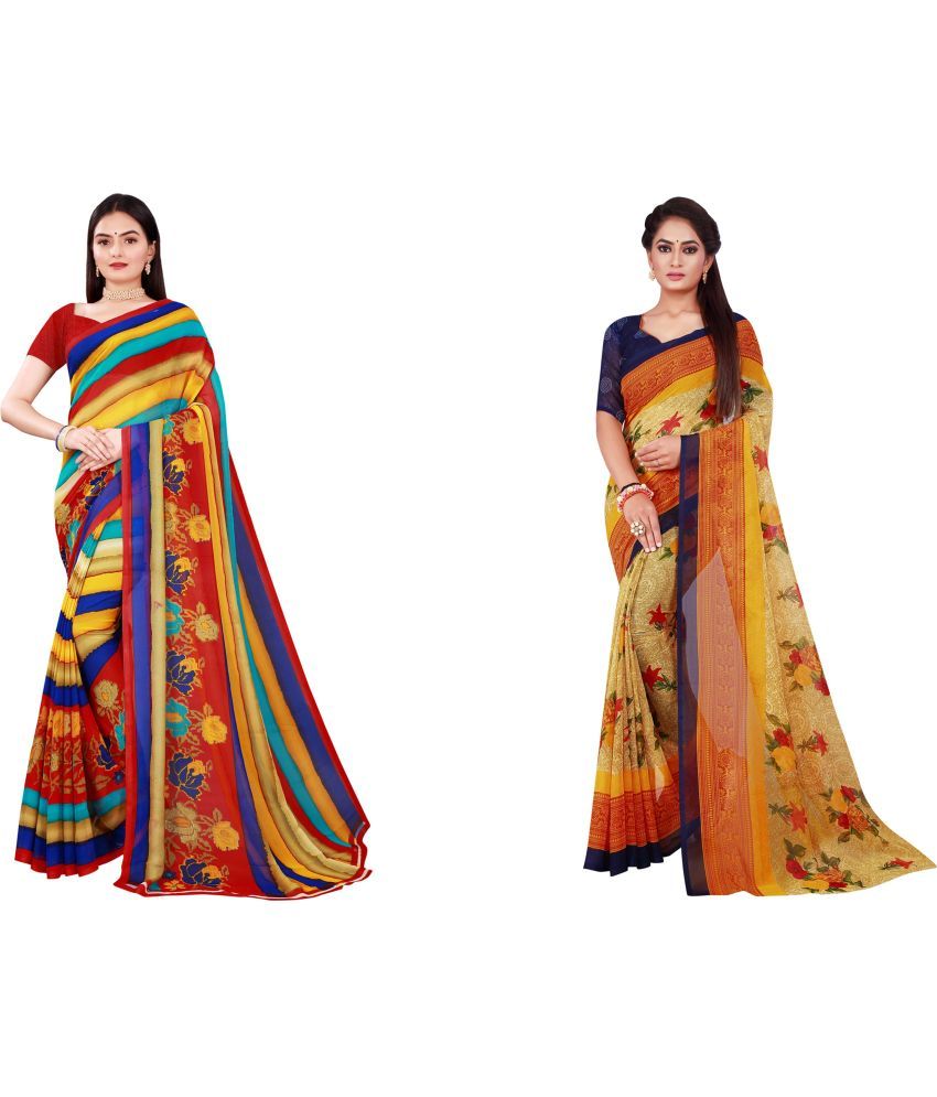     			Vkaran Cotton Silk Printed Saree With Blouse Piece - Multicolor ( Pack of 2 )