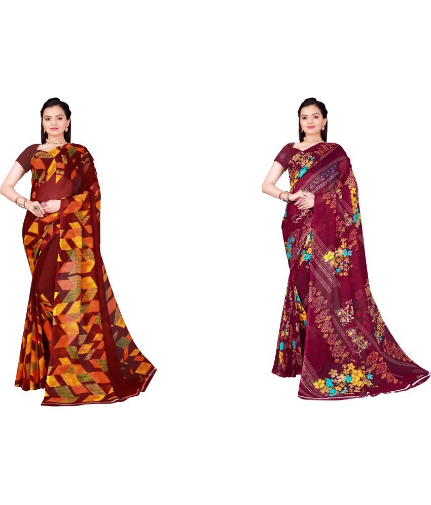     			Vkaran Cotton Silk Printed Saree With Blouse Piece - Multicolor ( Pack of 2 )