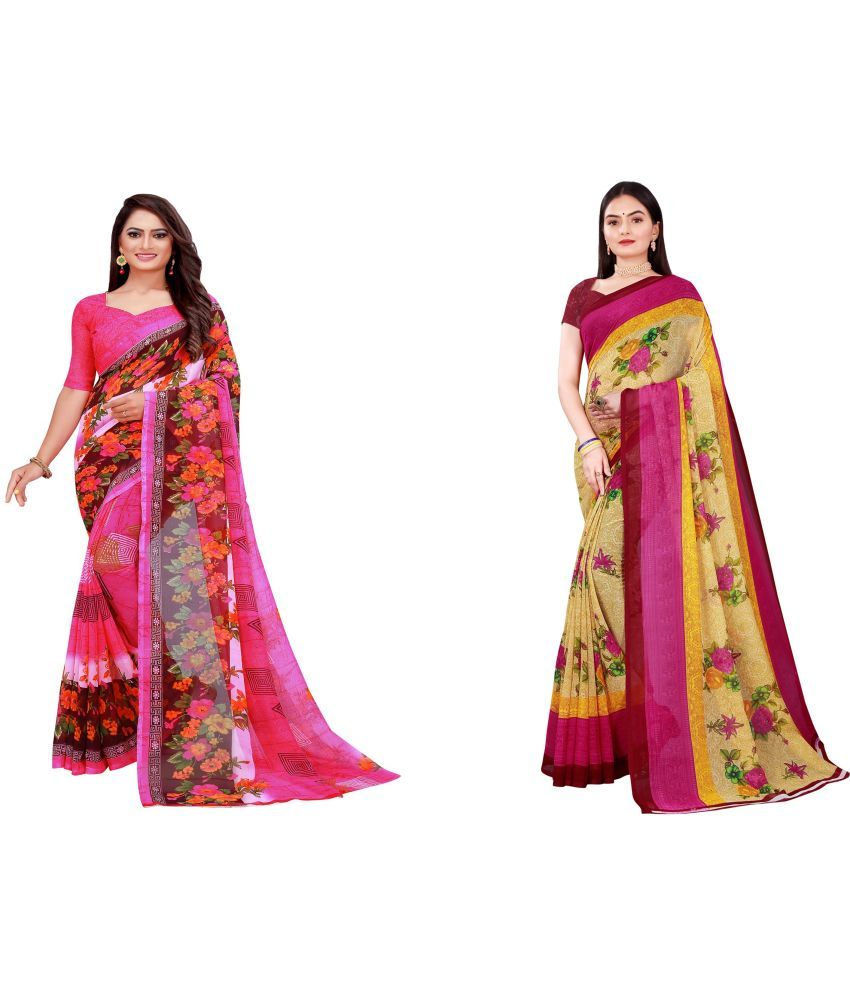     			Vkaran Cotton Silk Printed Saree With Blouse Piece - Multicolor ( Pack of 2 )