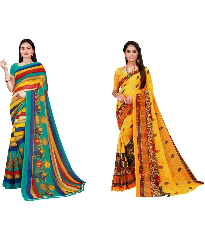     			Vkaran Cotton Silk Printed Saree With Blouse Piece - Multicolor ( Pack of 2 )