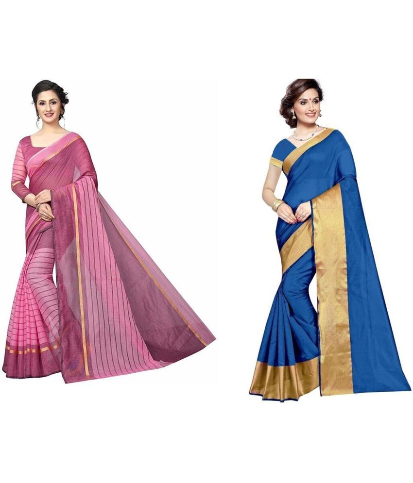     			Vkaran Cotton Silk Printed Saree With Blouse Piece - Multicolor ( Pack of 2 )