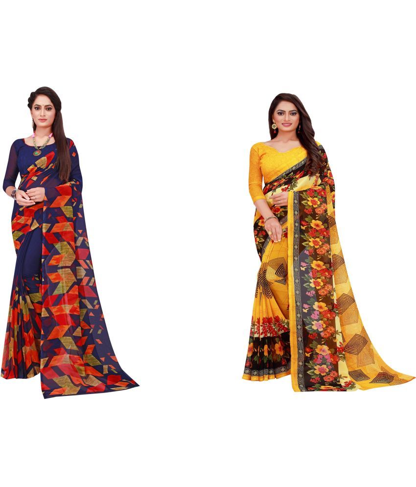     			Vkaran Cotton Silk Printed Saree With Blouse Piece - Multicolor ( Pack of 2 )