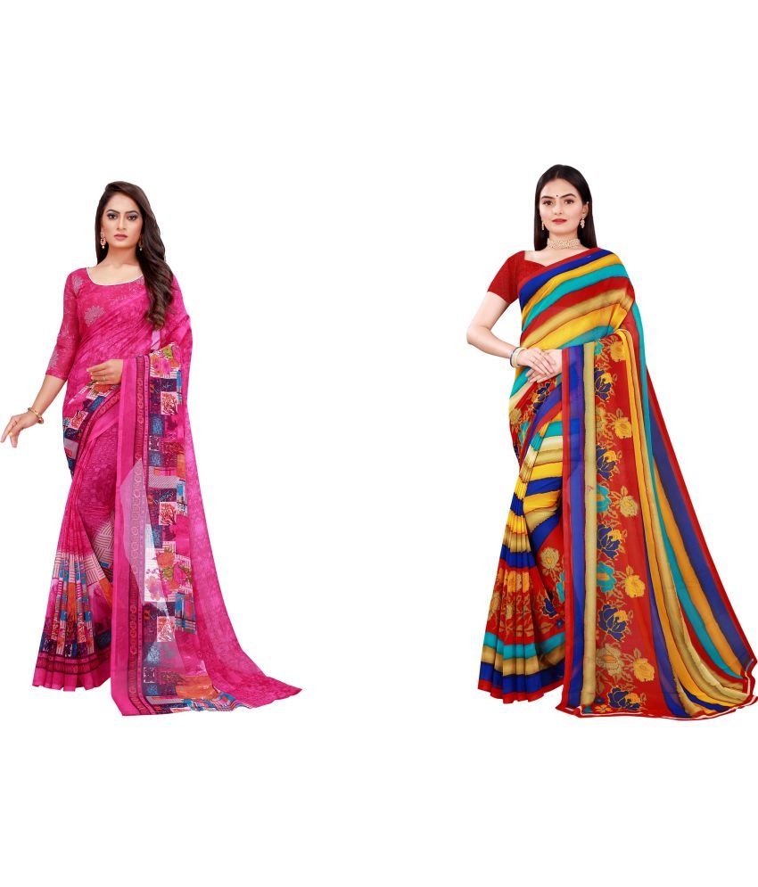     			Vkaran Cotton Silk Printed Saree With Blouse Piece - Multicolor ( Pack of 2 )