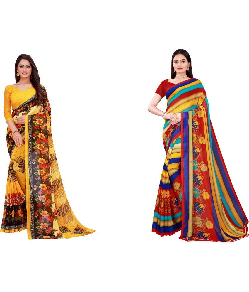     			Vkaran Cotton Silk Printed Saree With Blouse Piece - Multicolor ( Pack of 2 )