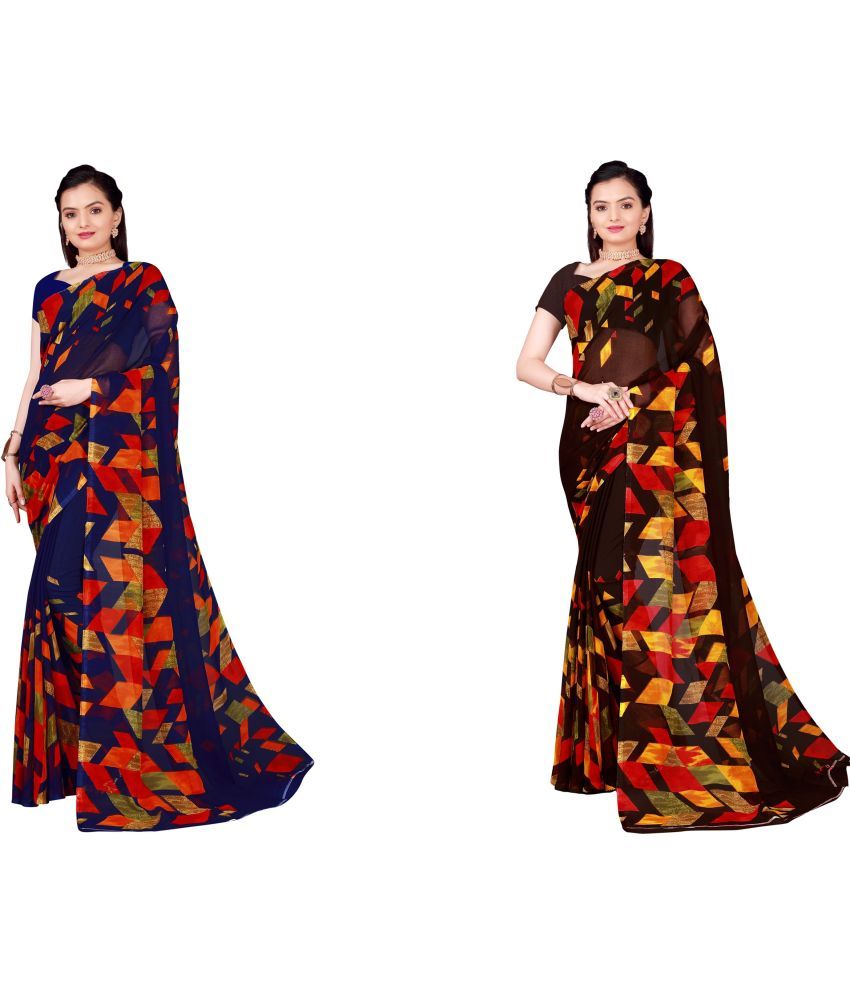     			Vkaran Cotton Silk Printed Saree With Blouse Piece - Multicolor ( Pack of 2 )