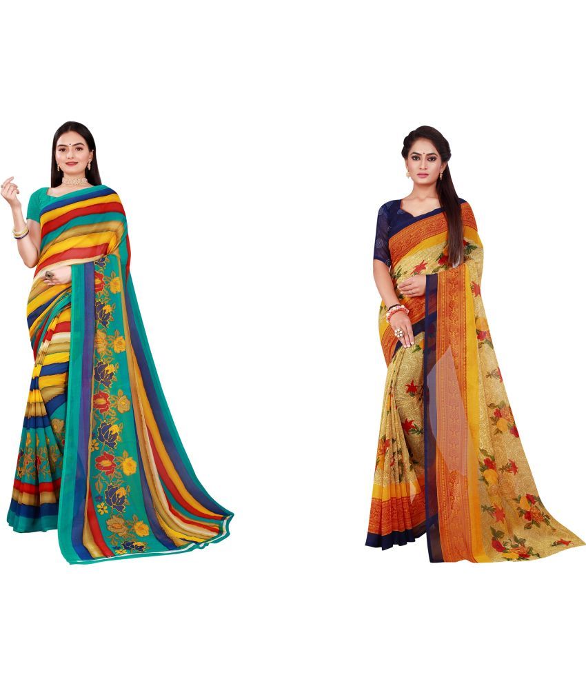     			Vkaran Cotton Silk Printed Saree With Blouse Piece - Multicolor ( Pack of 2 )