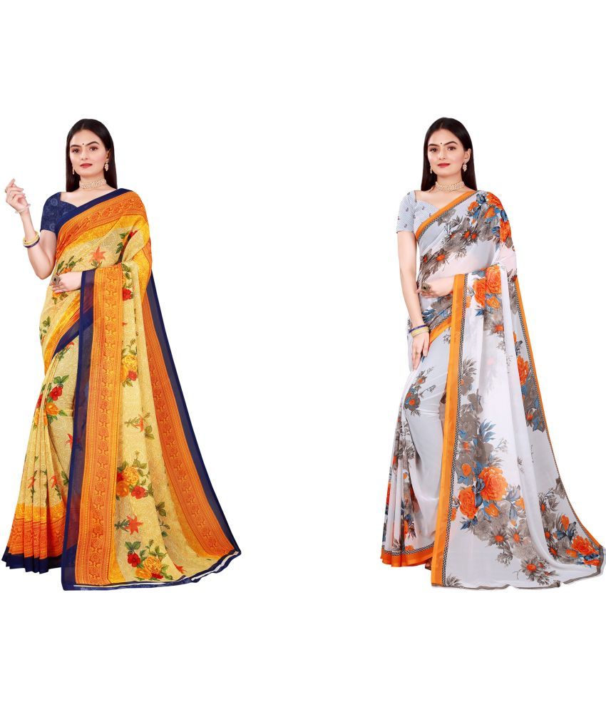     			Vkaran Cotton Silk Printed Saree With Blouse Piece - Multicolor ( Pack of 2 )