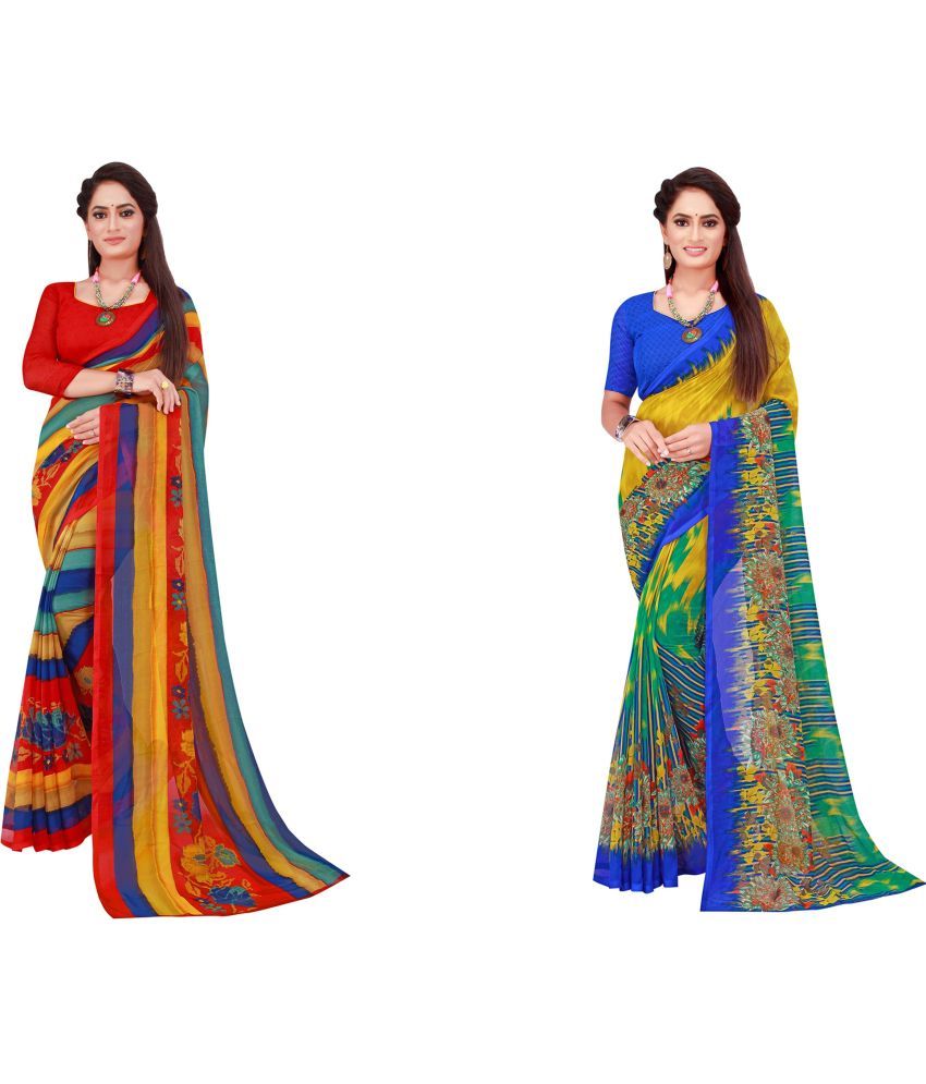     			Vkaran Cotton Silk Printed Saree With Blouse Piece - Multicolor ( Pack of 2 )