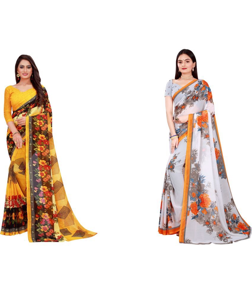     			Vkaran Cotton Silk Printed Saree With Blouse Piece - Multicolor ( Pack of 2 )