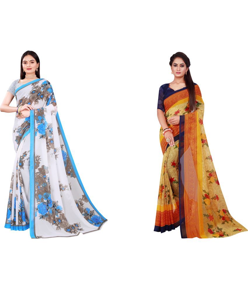     			Vkaran Cotton Silk Printed Saree With Blouse Piece - Multicolor ( Pack of 2 )