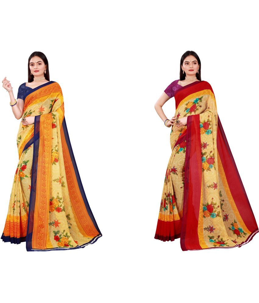     			Vkaran Cotton Silk Printed Saree With Blouse Piece - Multicolor ( Pack of 2 )