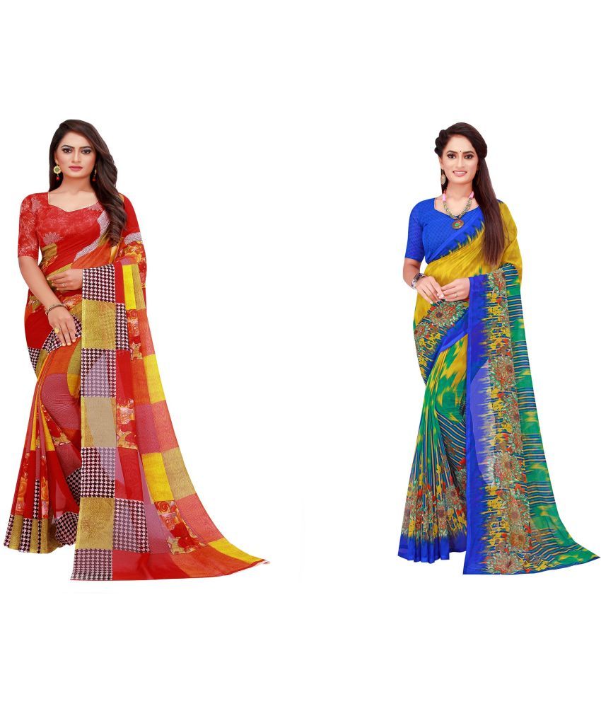     			Vkaran Cotton Silk Printed Saree With Blouse Piece - Multicolor ( Pack of 2 )