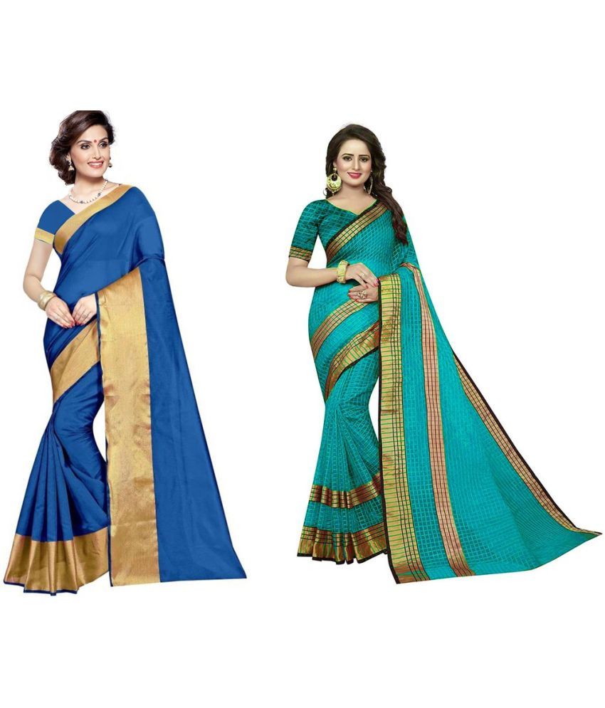     			Vkaran Cotton Silk Printed Saree With Blouse Piece - Multicolor ( Pack of 2 )