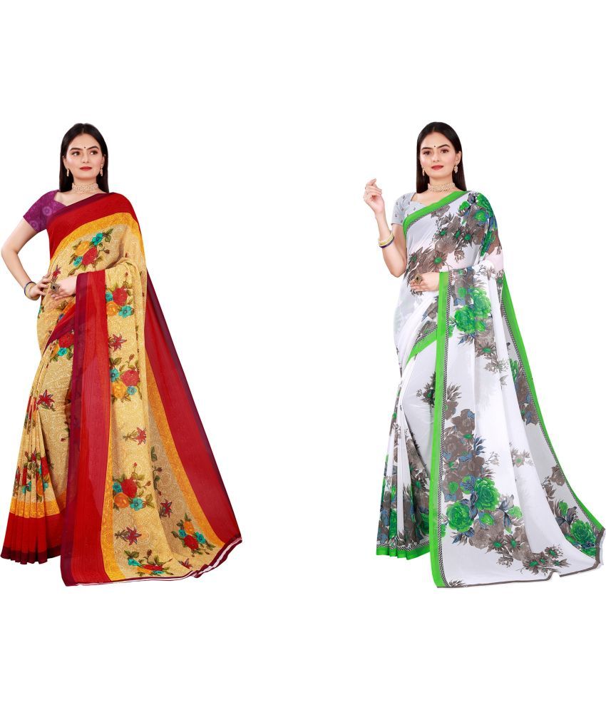     			Vkaran Cotton Silk Printed Saree With Blouse Piece - Multicolor ( Pack of 2 )